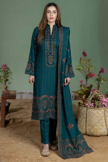 3 Piece Unstitched Heavy Embroidered Dhanak Suit with Four-sided Embroidered Dhanak Shawl